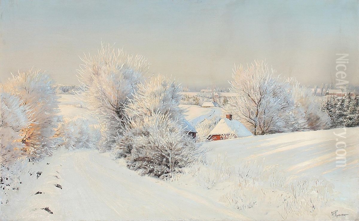 A snow covered landscape. Oil Painting by Hans Agersnap