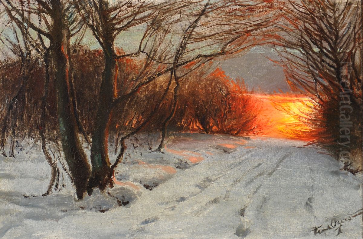 Vinter solnedgang. Oil Painting by Hans Agersnap