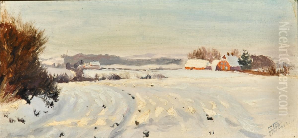 Winter landscape. (19 x 37 cm). Oil Painting by Hans Agersnap