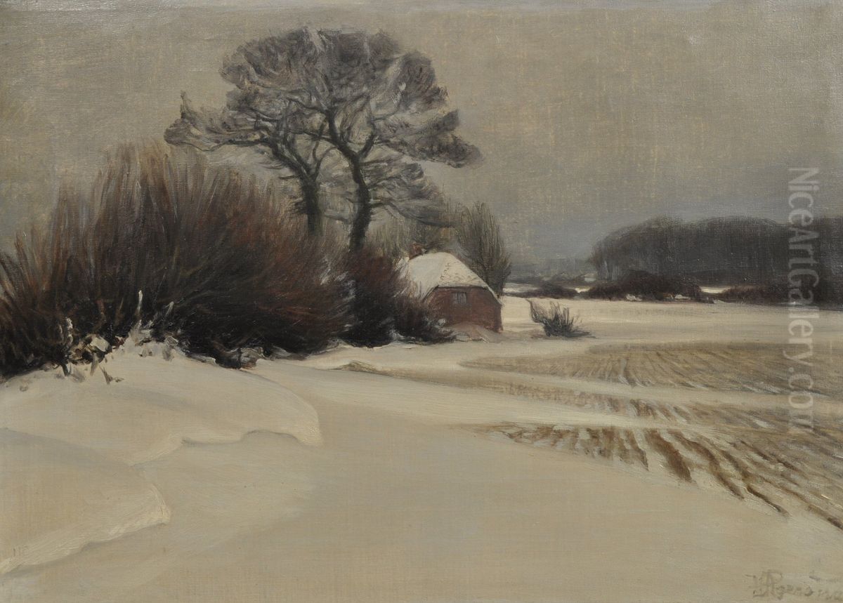 Winter landscape with snow covered fields. Oil Painting by Hans Agersnap