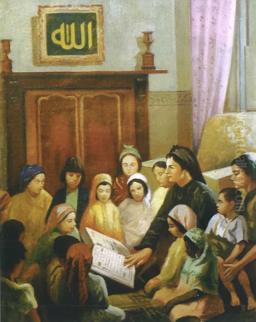 La Lecon Coranique. Oil Painting by Moustafa Farroukh