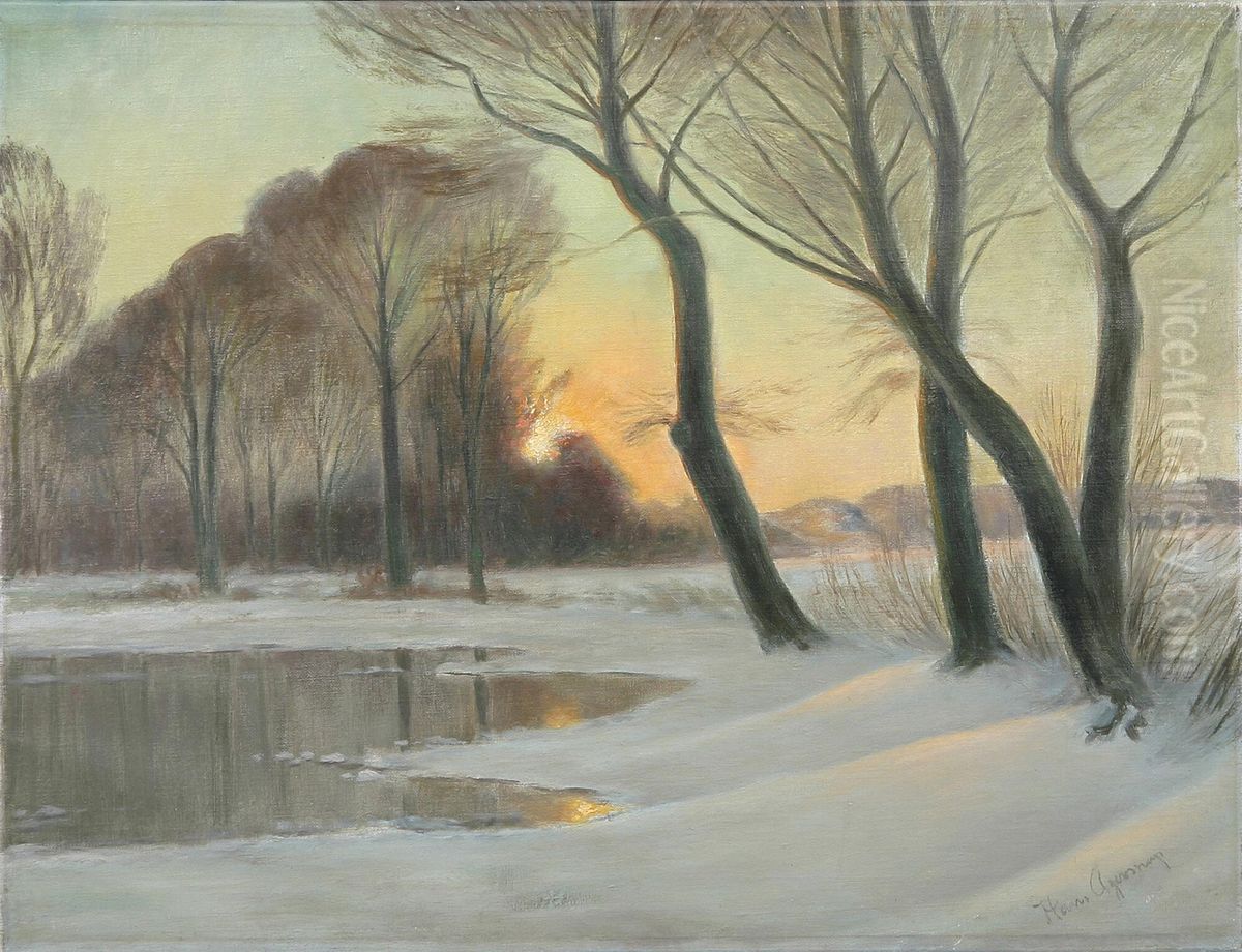 Winter landscape with a pond in the woods. Oil Painting by Hans Agersnap