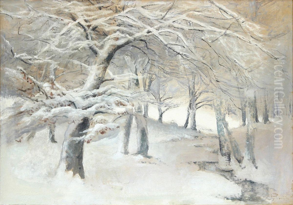 Vinterlandskab med traeer. Oil Painting by Hans Agersnap