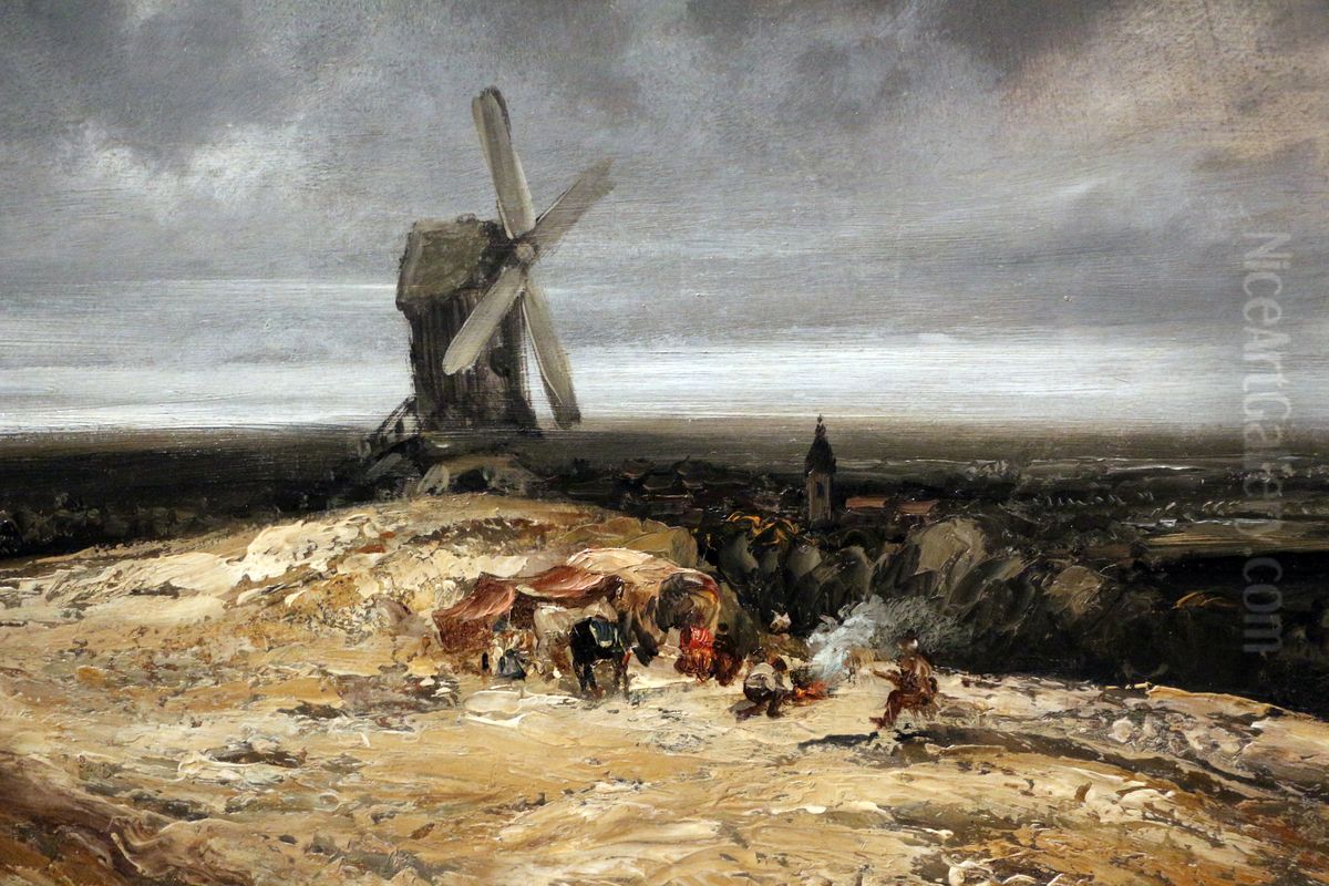 paesaggio con mulino e una veduta di montmartre Oil Painting by Georges Michel