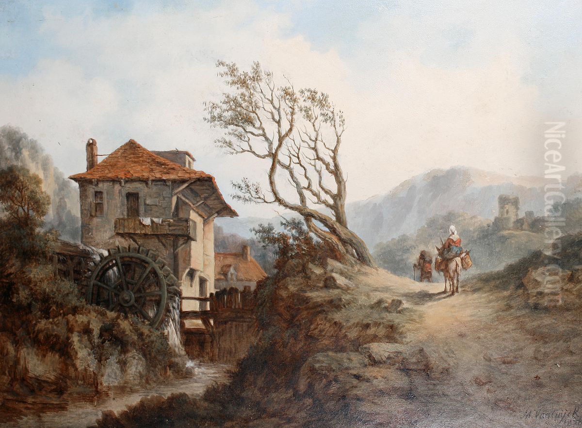 Travellers on a road by a watermill Oil Painting by Michel Van Cuyck