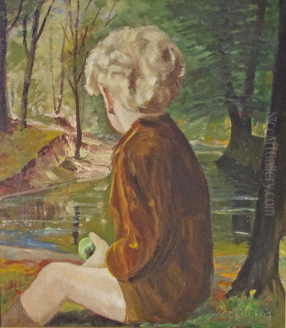 Barn med aeble. Oil Painting by Christian Aigens