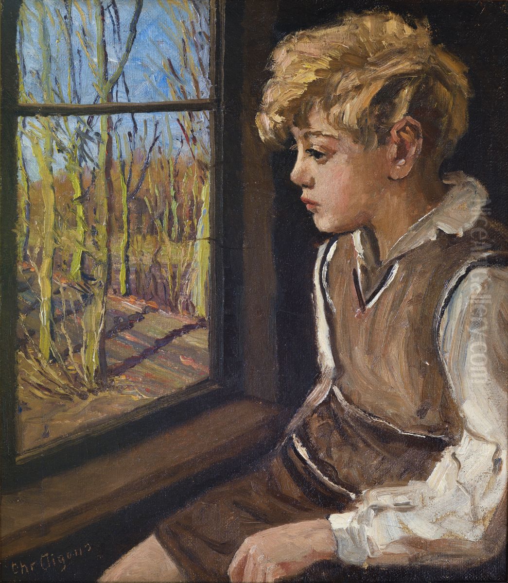 Dreng ved et vindue. Oil Painting by Christian Aigens