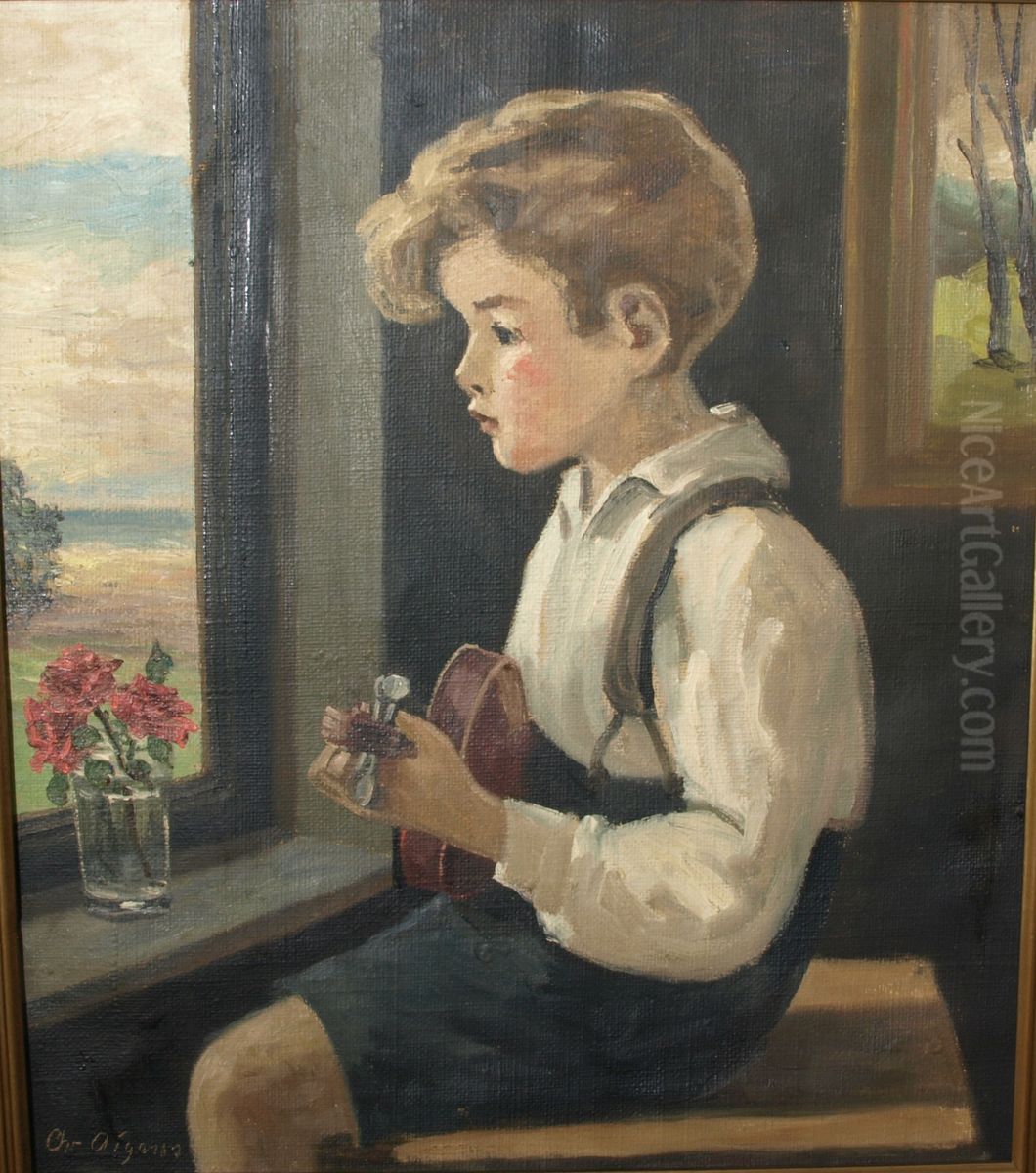 Dreng med violin. Oil Painting by Christian Aigens