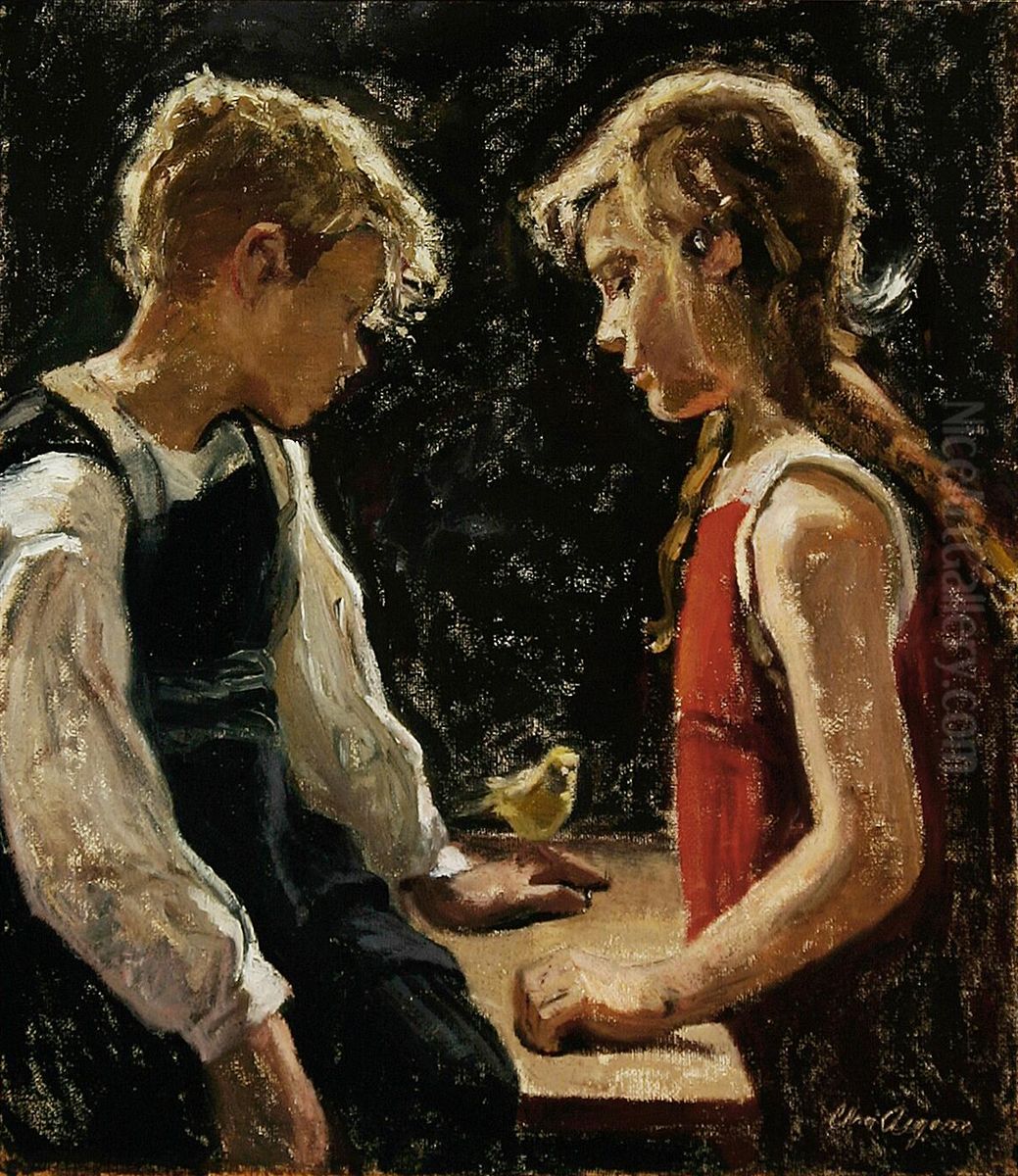 A boy and a girl with a canary. (72 x 63 cm). Oil Painting by Christian Aigens