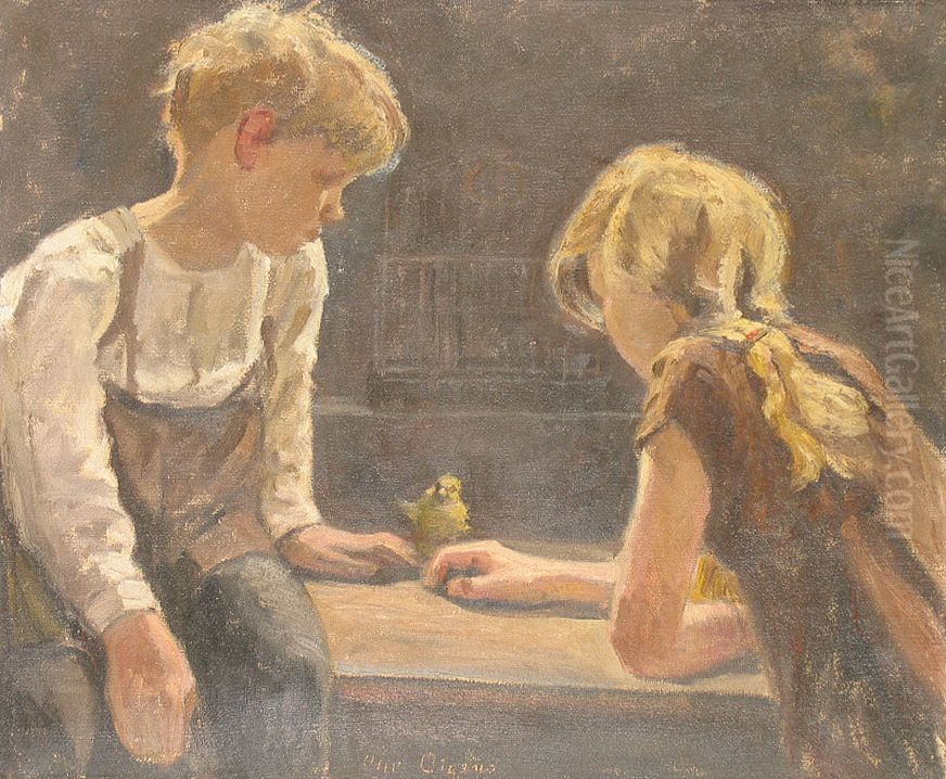A boy and a girl playing with a budgie. Oil Painting by Christian Aigens