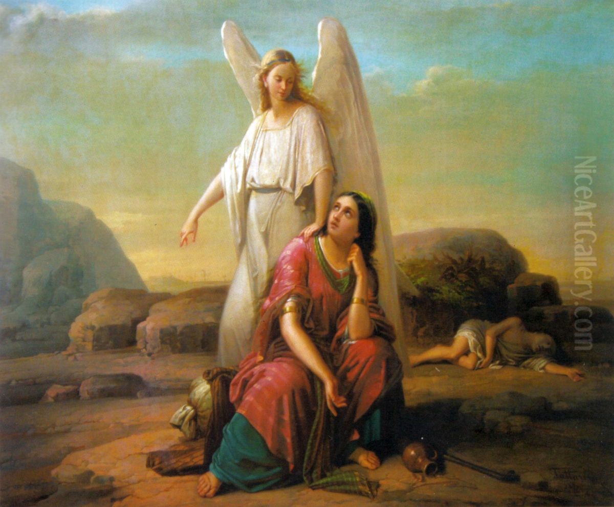 Hagar in the desert Oil Painting by Gheorghe Tattarescu