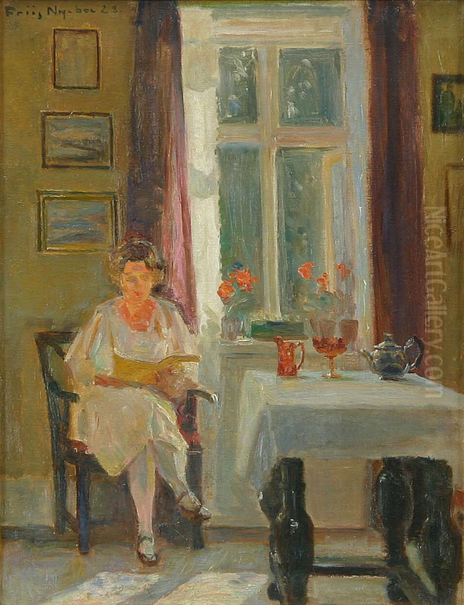Interior with a woman reading. Oil Painting by Poul Friis Nybo