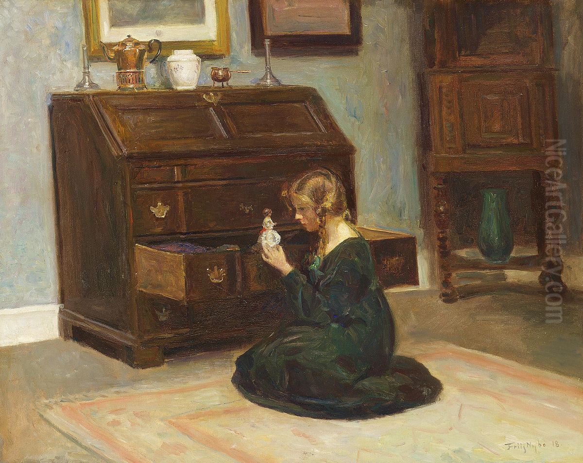 A girl playing with a doll. Oil Painting by Poul Friis Nybo