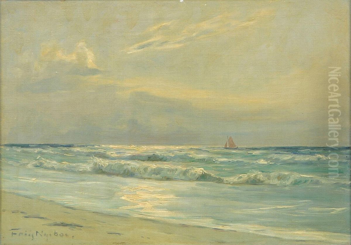 Along the coast with ship. Oil Painting by Poul Friis Nybo