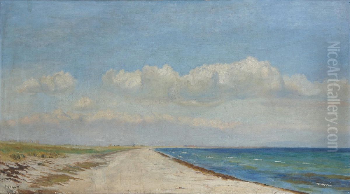 A Danish beach scenery from Boto with a windmill in the background. Oil Painting by Poul Friis Nybo