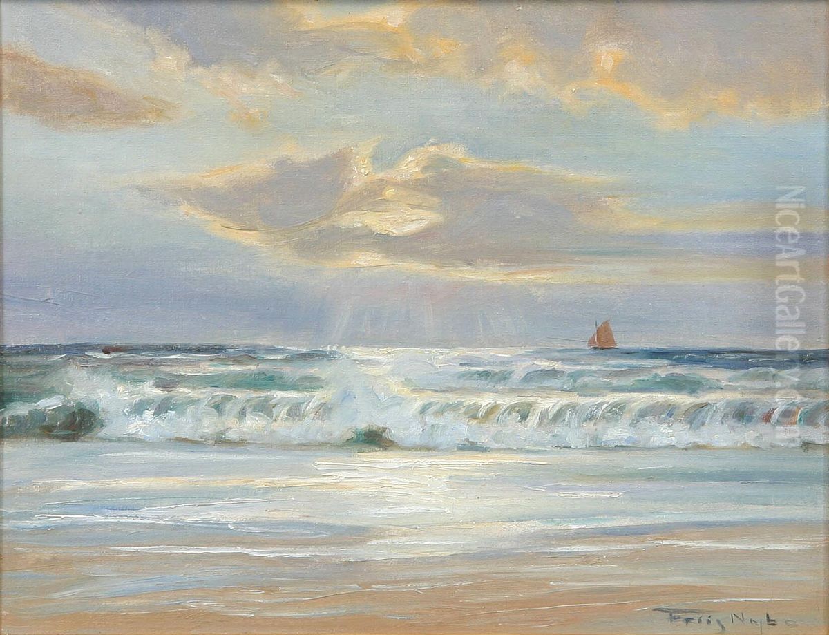 Coastal view with a sailing ship on the horizon. Oil Painting by Poul Friis Nybo