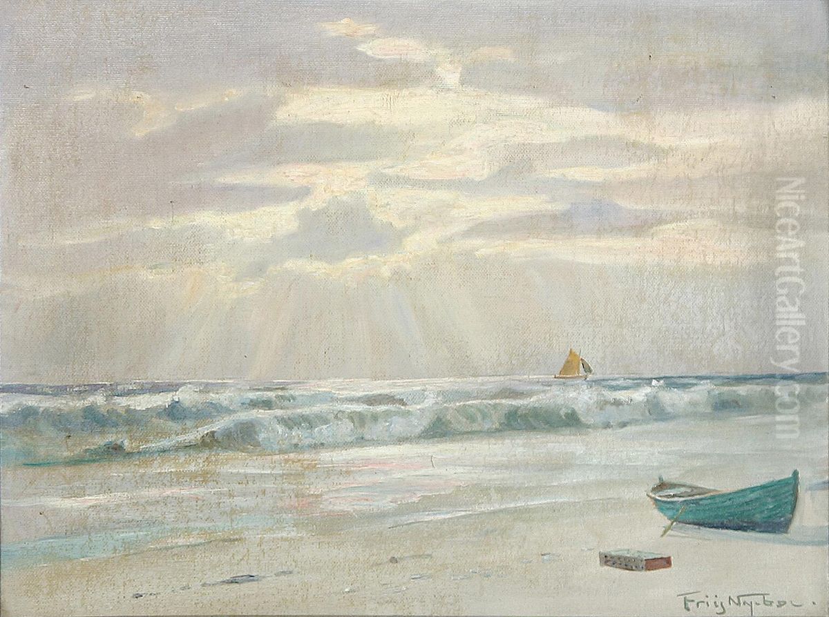 Beach scenery with boats and the sunlight breaking through. Oil Painting by Poul Friis Nybo