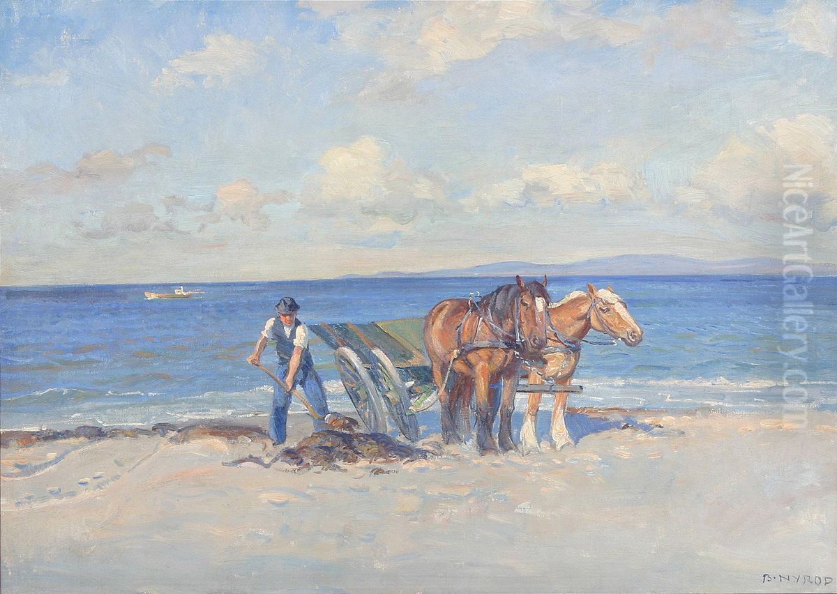 Collecting seaweed on a beach. Oil Painting by Borge Nyrop