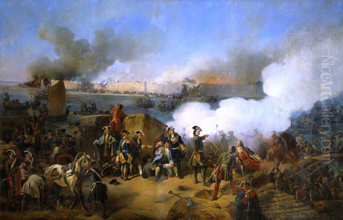 The siege of Swedish fortress of Noteborg in October 1702 by Russian troops. Oil Painting by Alexander Kotzebue