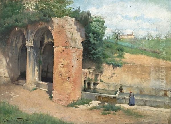 Ved en vannkilde med antikk ruin, Italia Oil Painting by Asta Norregaard