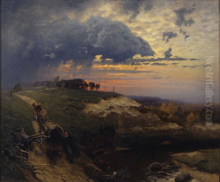 Freight of Timber. Landscape with Lightning Oil Painting by Oskar Hoffmann