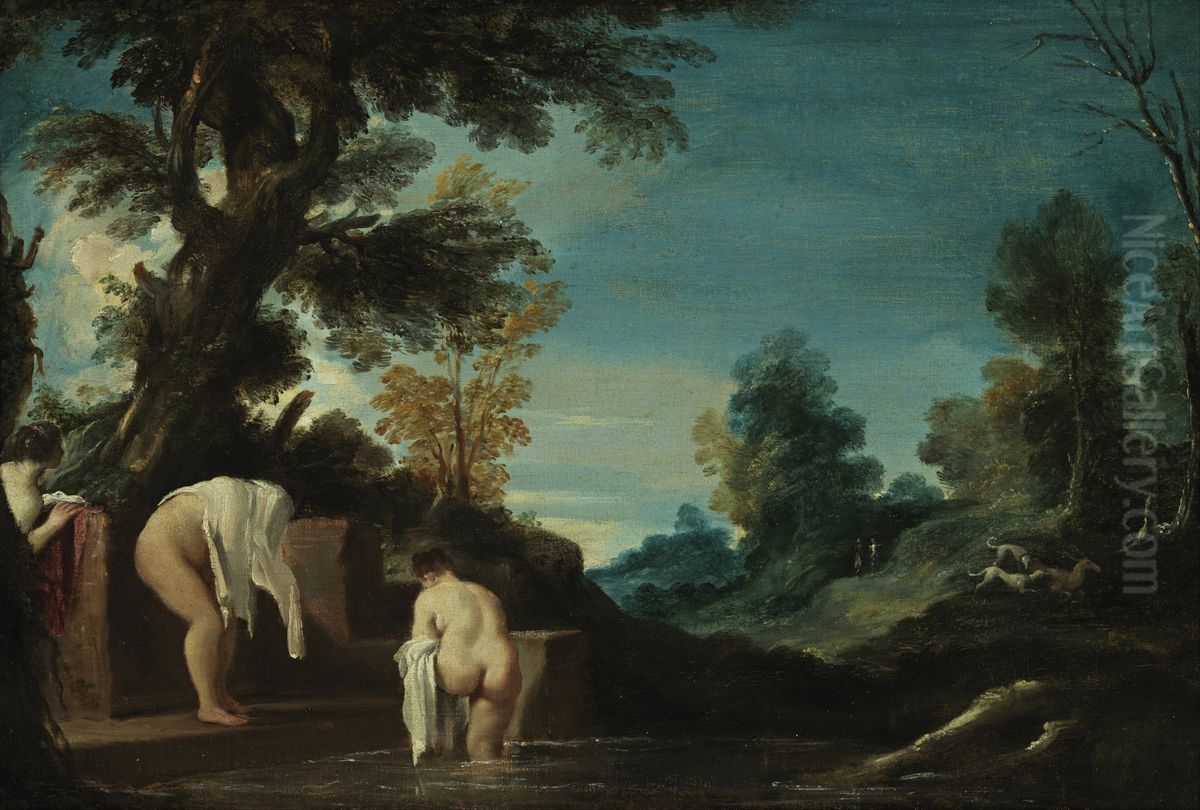 Landscape with Bathing Women Oil Painting by Giovanni Francesco Barbieri