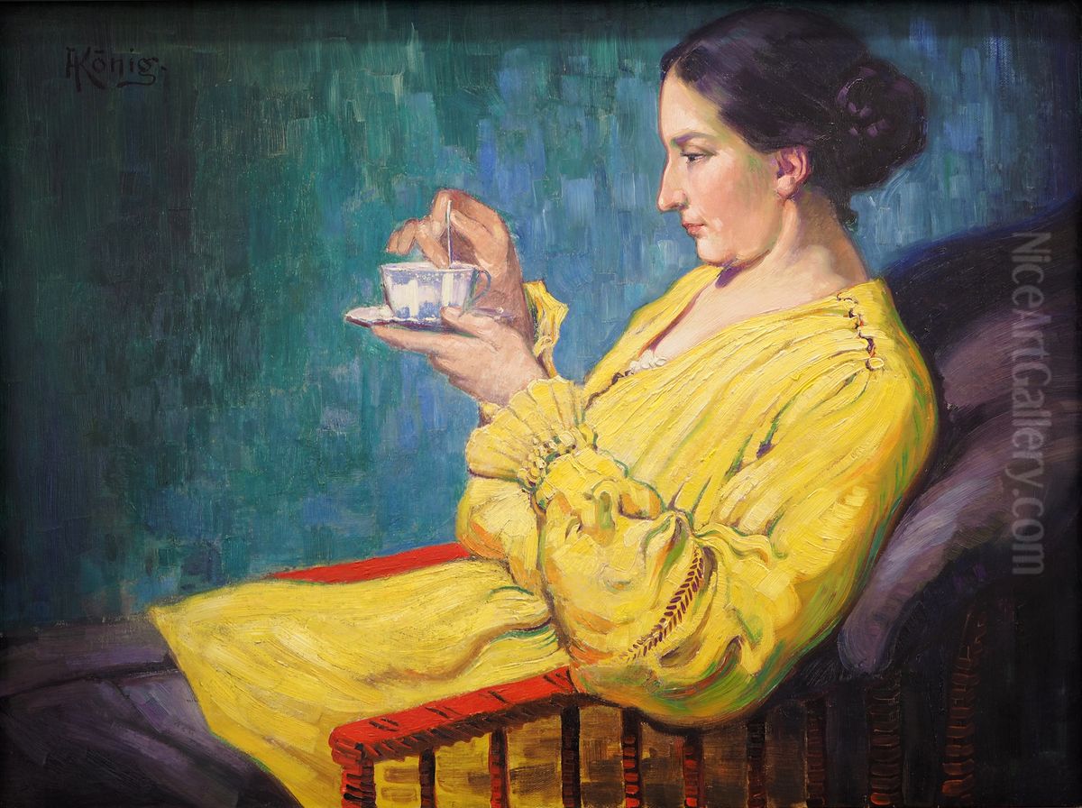 Frau mit Teetasse (Dorothea Konig) Oil Painting by Albert Konig