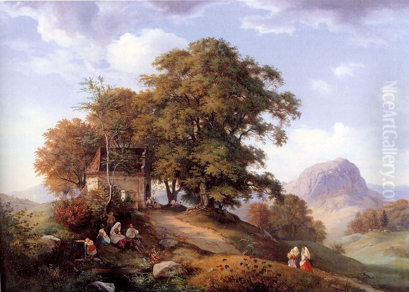 Gebirgige Landschaft mit Baumgruppe und Kapelle, im Hintergrund derBorschen Oil Painting by Ernst Ferdinand Oehme