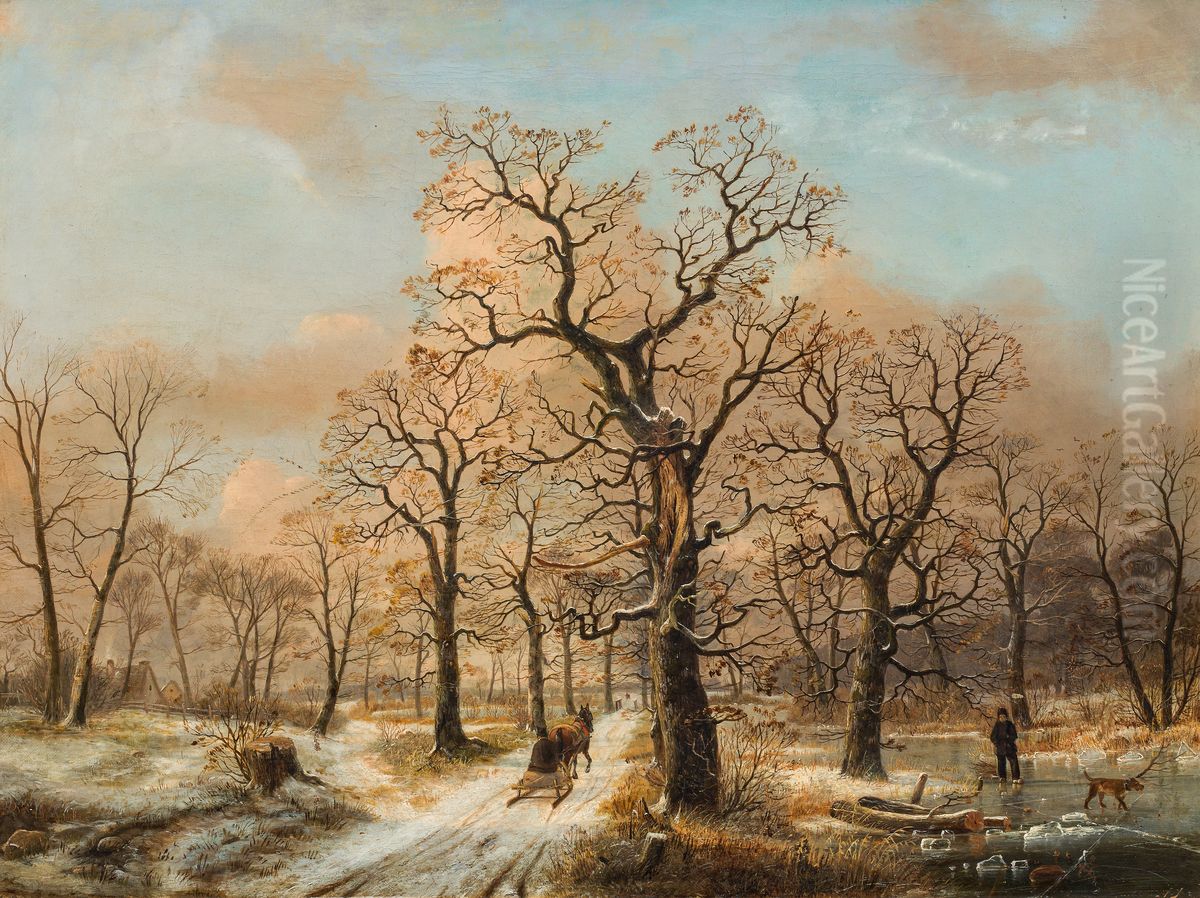 Winter landscape with sleigh Oil Painting by Ernst Ferdinand Oehme