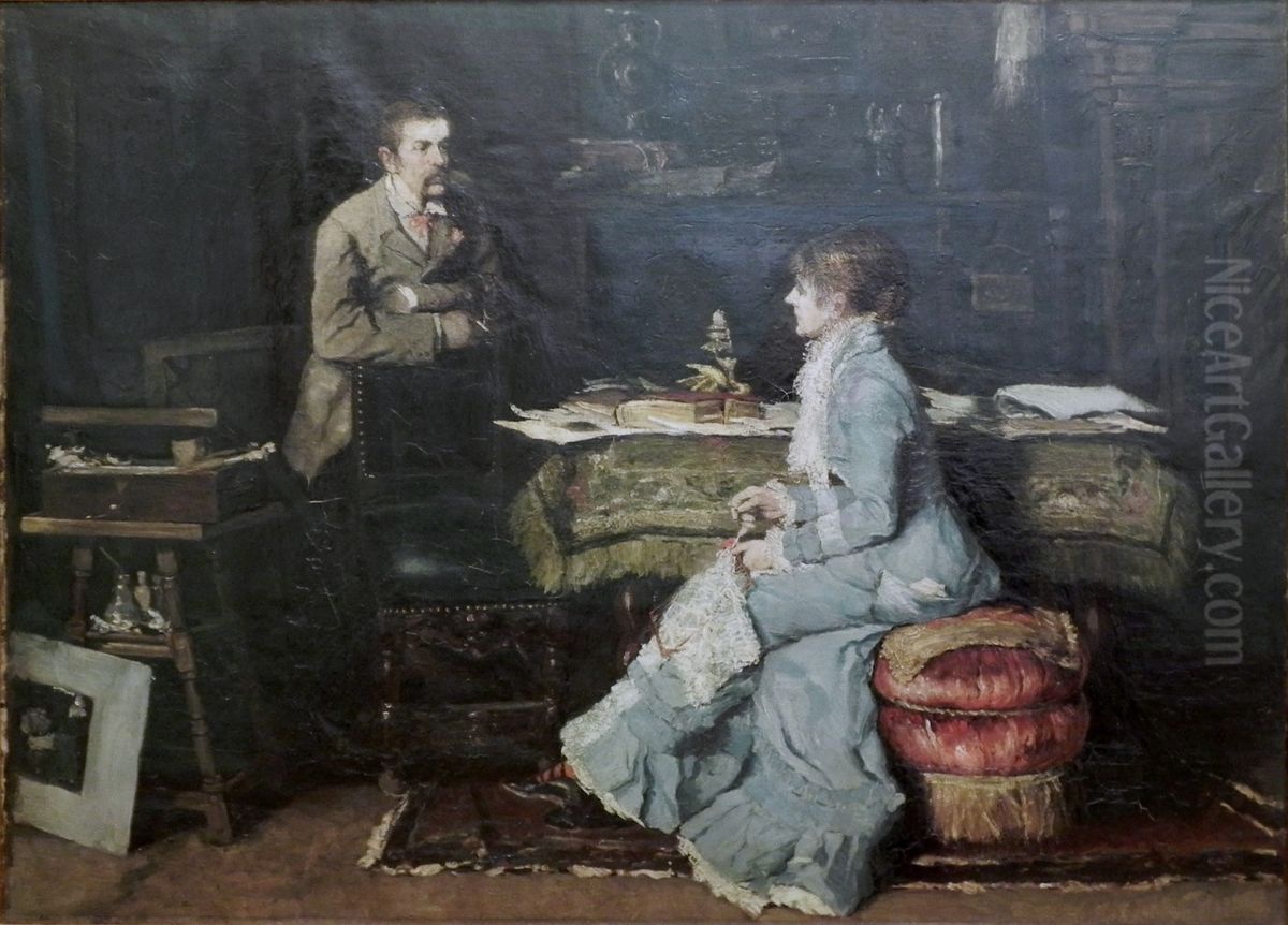 In The Studio (The Artist with his Wife) Oil Painting by Fritz von Uhde