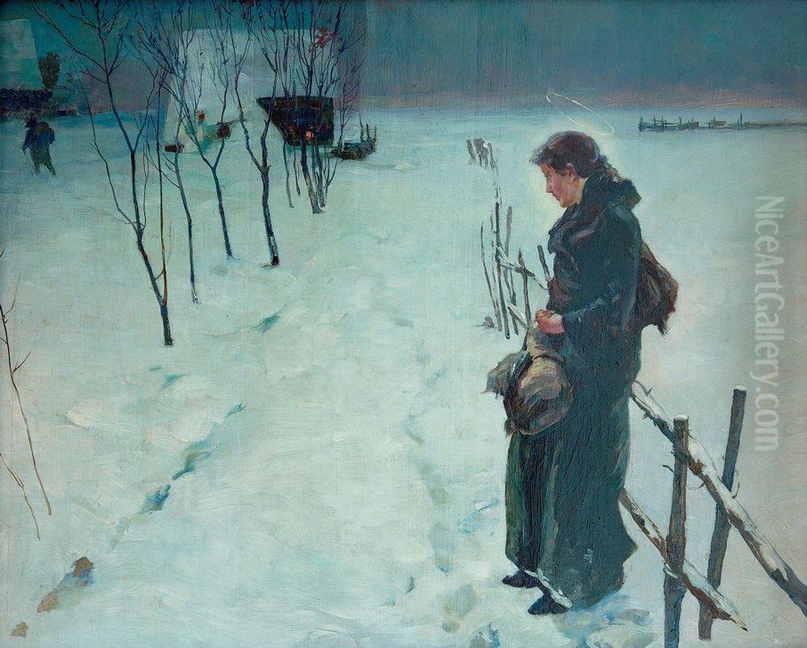 Winter landscape, Christmas Eve Oil Painting by Fritz von Uhde