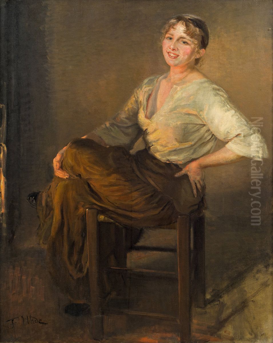 Laughing girl Oil Painting by Fritz von Uhde