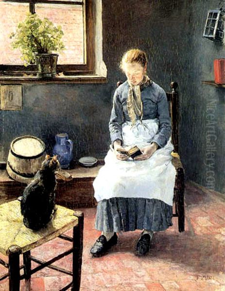 A reading Girl with a cat Oil Painting by Fritz von Uhde