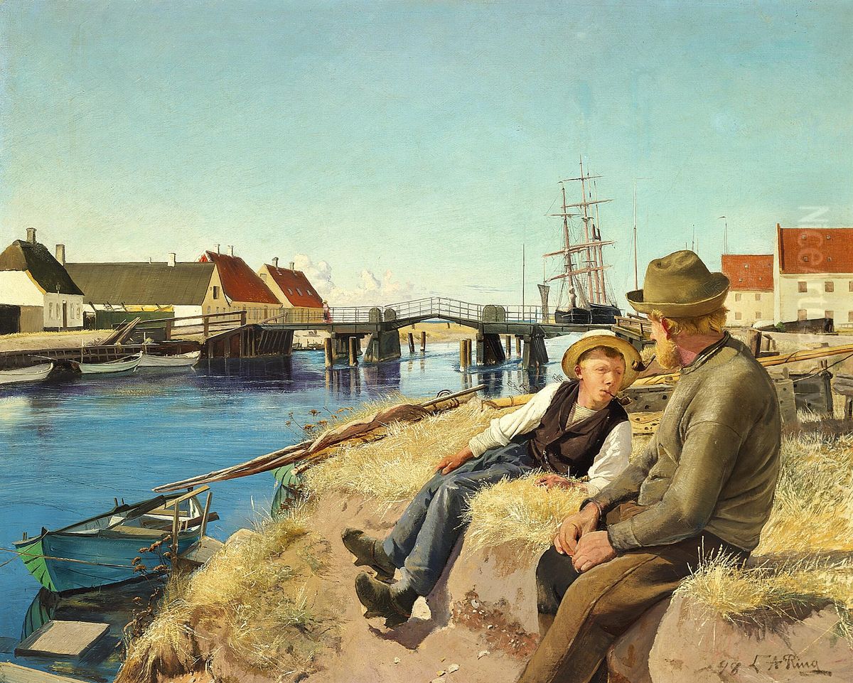 A Sunday morning at Karrebaeksminde near the bridge. Oil Painting by Laurits Andersen Ring