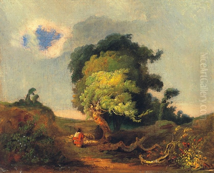 Shepherd in Landscape before the Storm Oil Painting by Ferenc Ujhazy