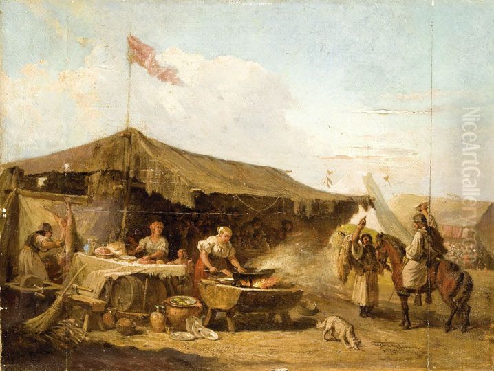 Pig slaughter Oil Painting by Ferenc Ujhazy