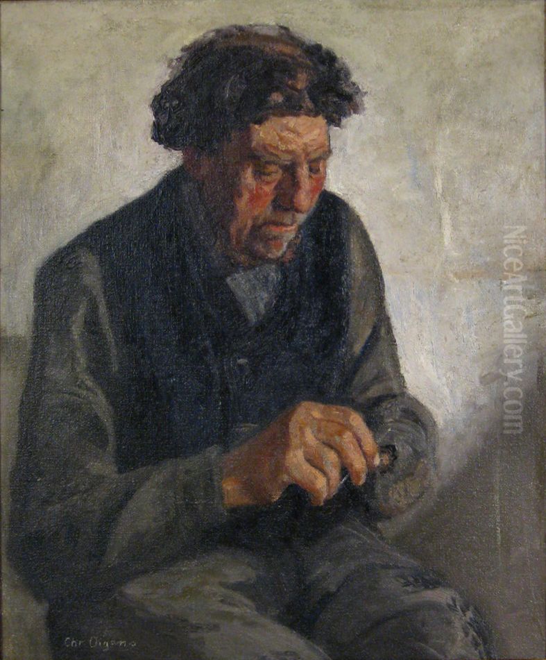 A man mending socks. Oil Painting by Christian Aigens