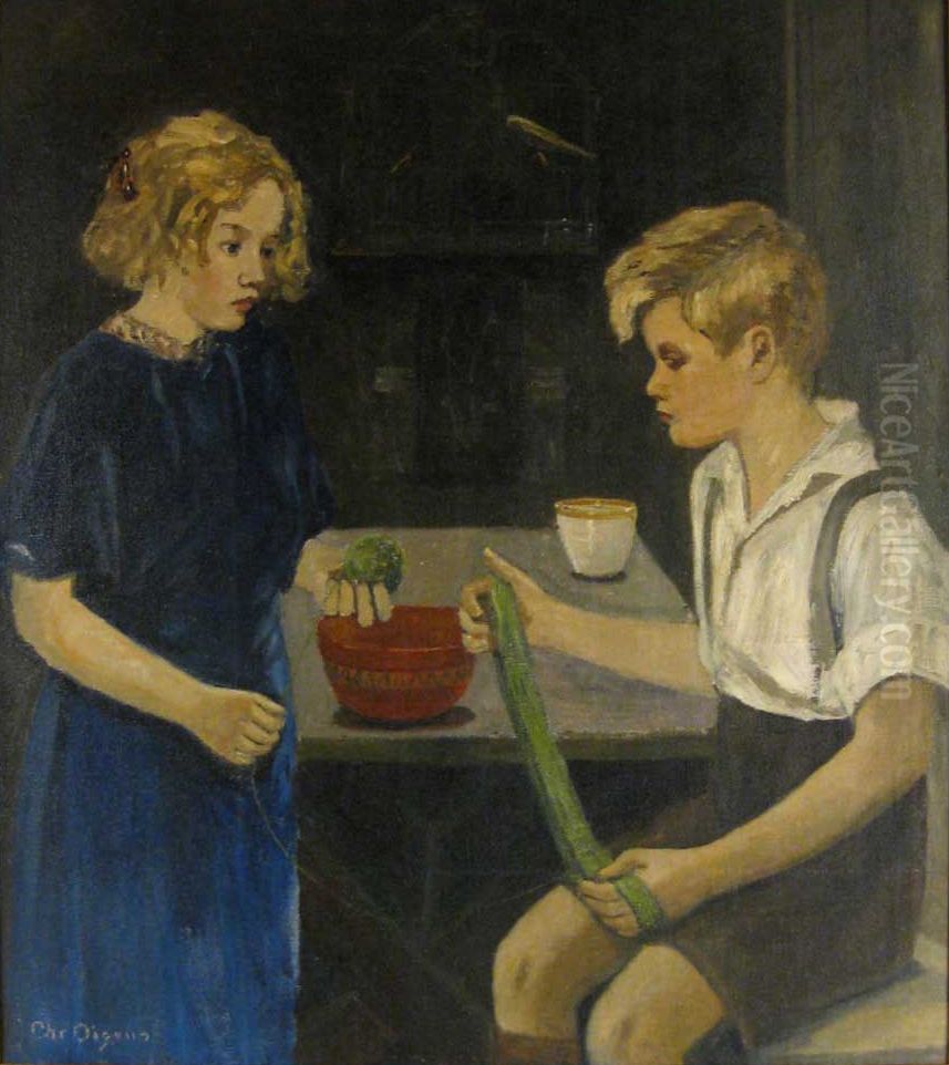 En pige og en dreng med strikkegarn. Oil Painting by Christian Aigens