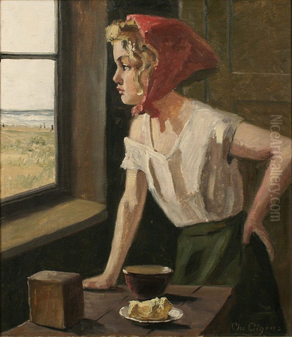 A young woman standing at a window. Oil Painting by Christian Aigens