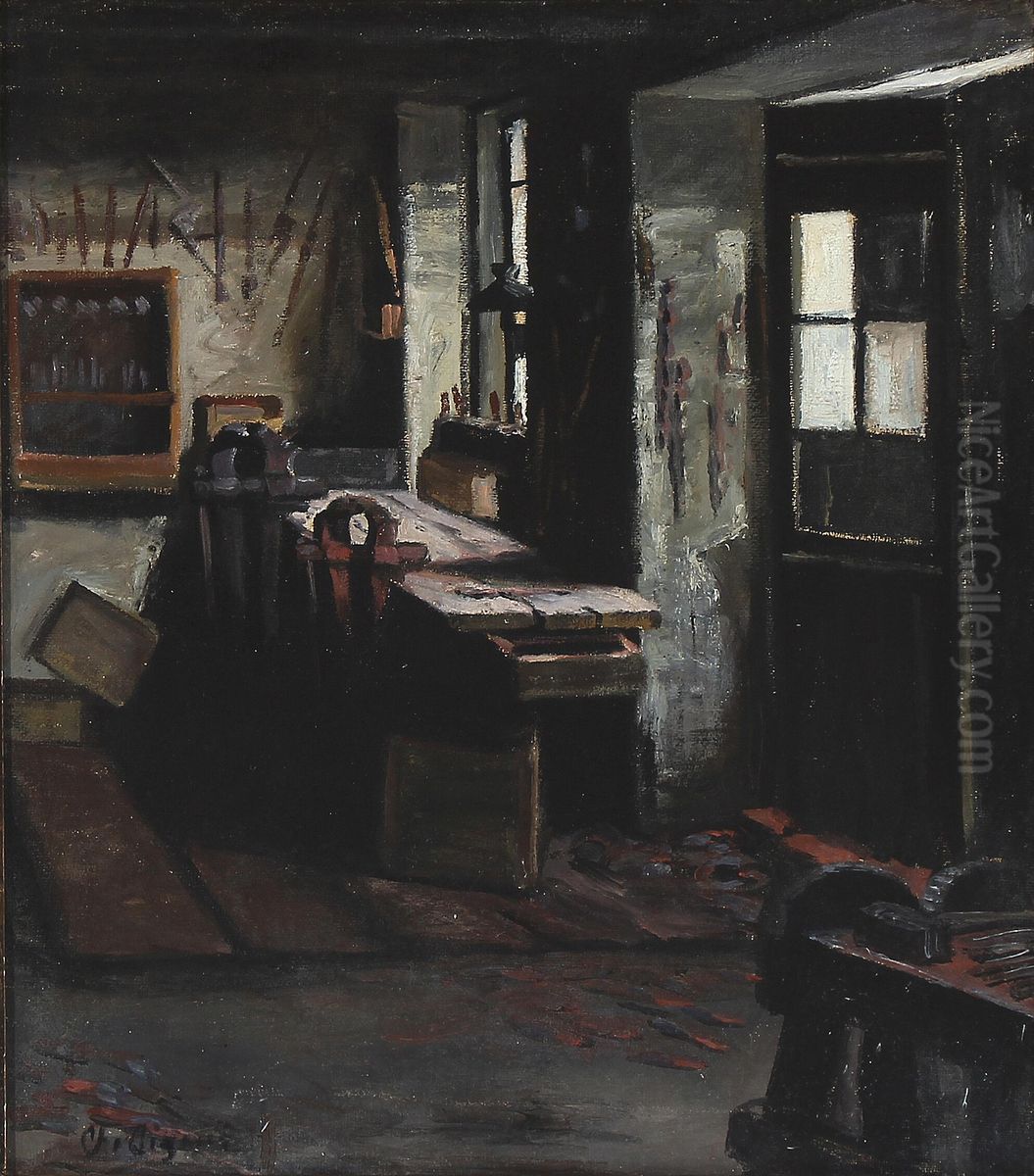 Interior fra et vaerksted. Oil Painting by Christian Aigens