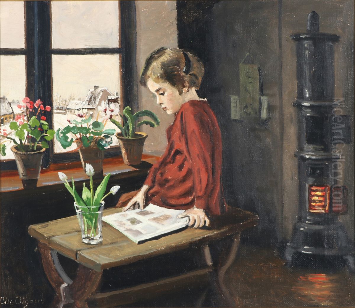 Interior with a girl reading by the window. Oil Painting by Christian Aigens