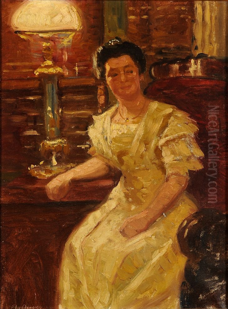 Interior med kvinde i lampelys. Oil Painting by Christian Aigens