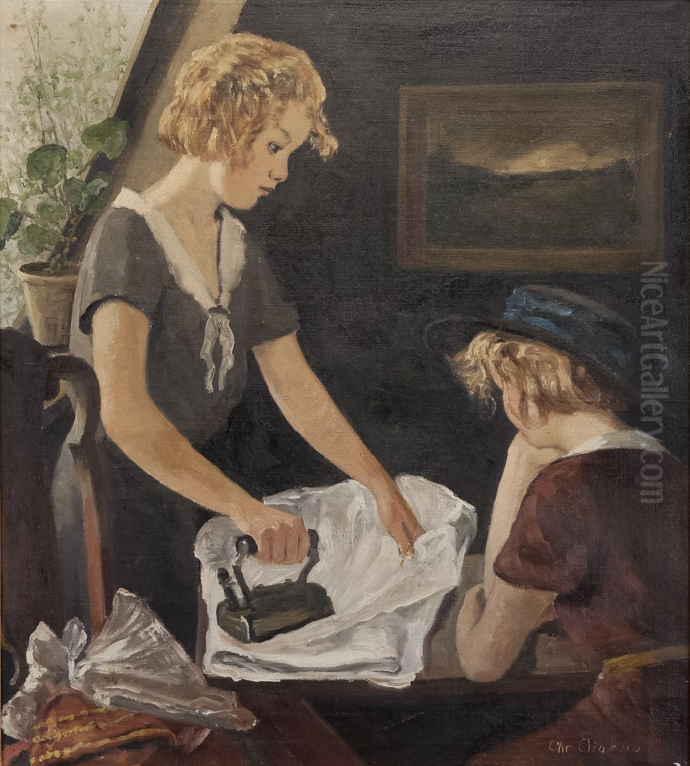 Interior med pige der stryger. Oil Painting by Christian Aigens