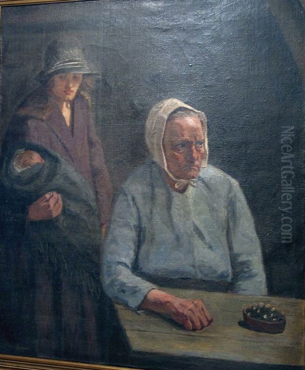 Interior med tre generationer. Oil Painting by Christian Aigens