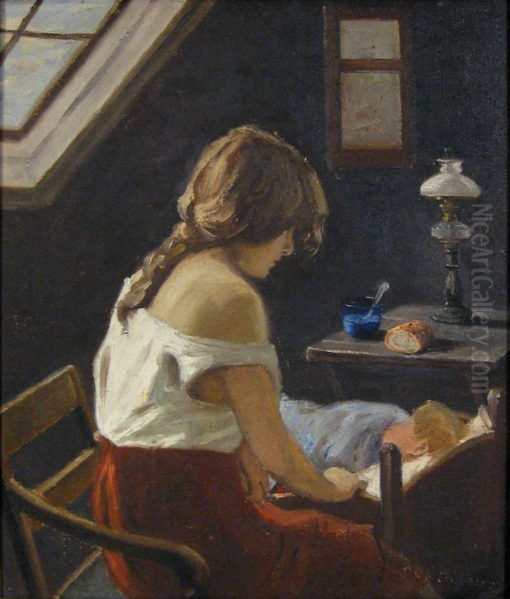 Interior with a young woman and a sleeping child. Oil Painting by Christian Aigens