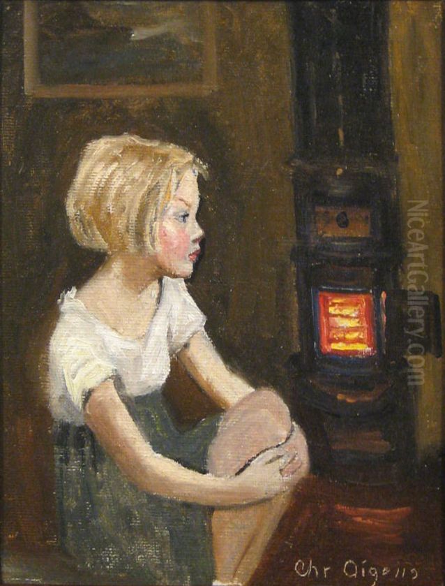 A girl at a stove. Oil Painting by Christian Aigens