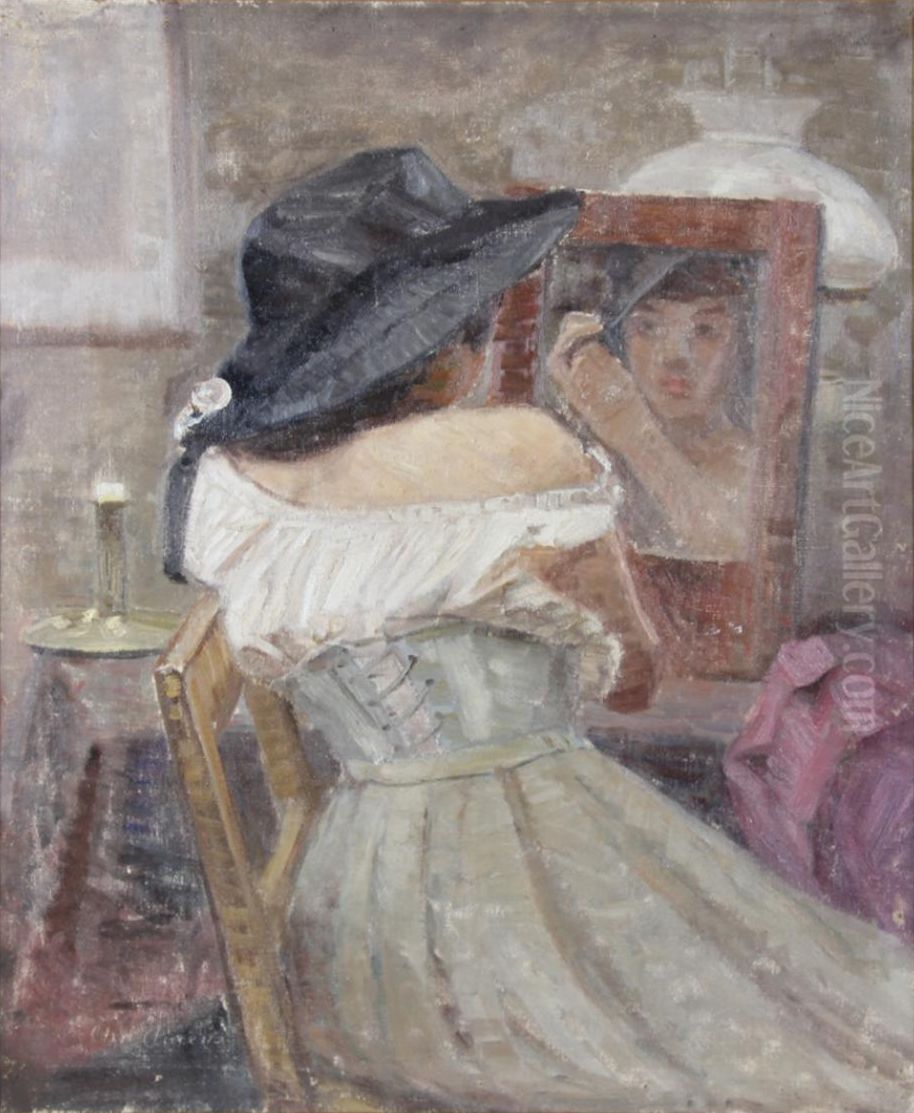 Woman wearing a hat, sitting at a mirror. Oil Painting by Christian Aigens