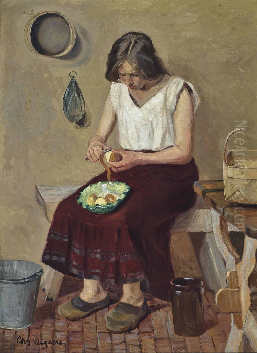 Peeling potatoes. Oil Painting by Christian Aigens