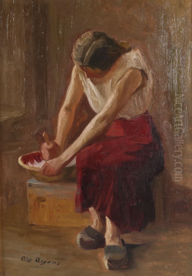 Kvinde aelter dej. Oil Painting by Christian Aigens