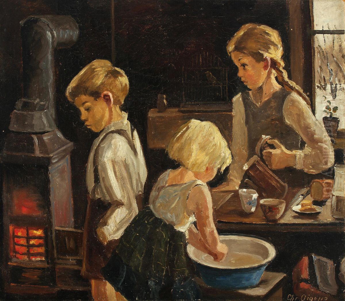 Children in a kitchen. Oil Painting by Christian Aigens